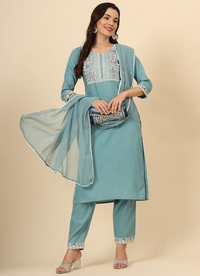 Cotton Sky Blue Festival Wear Embroidery Work Readymade Kurti Set